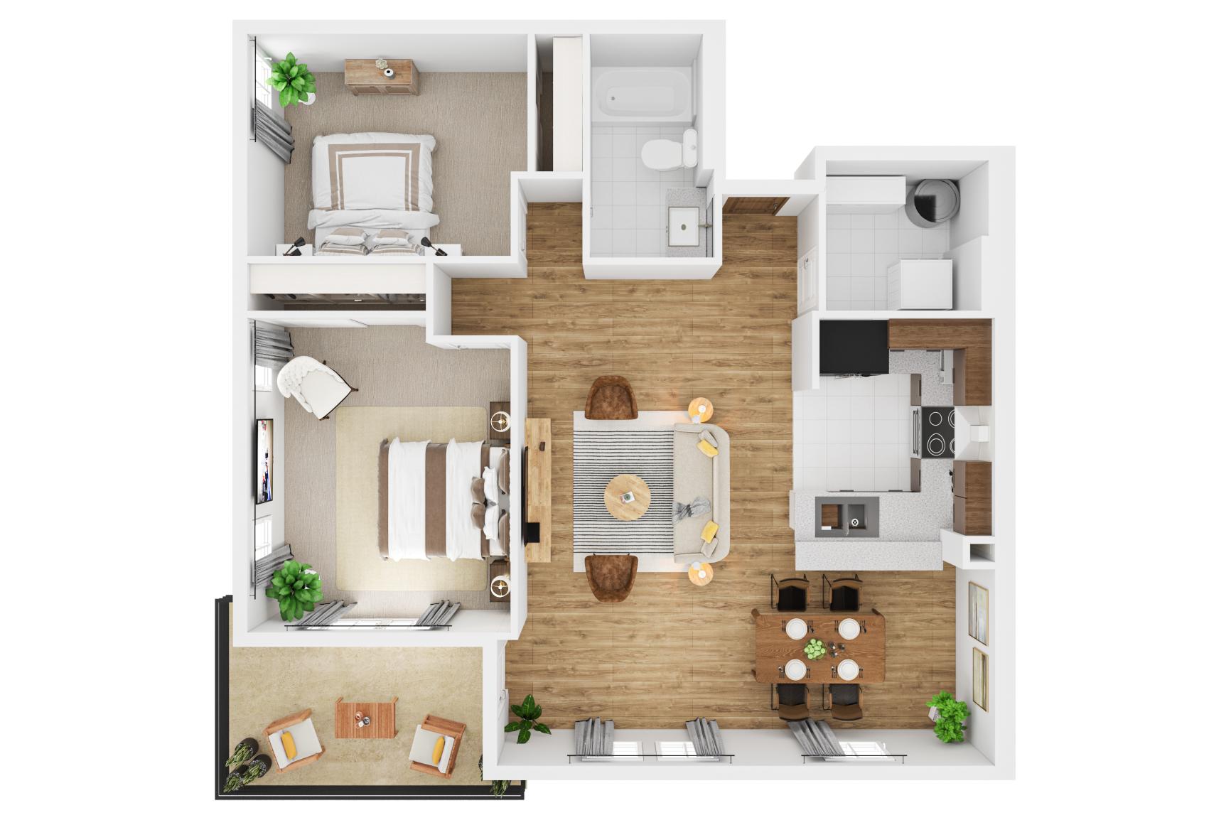 Floor plan for 2 beds, 1 bath, 995 sqft